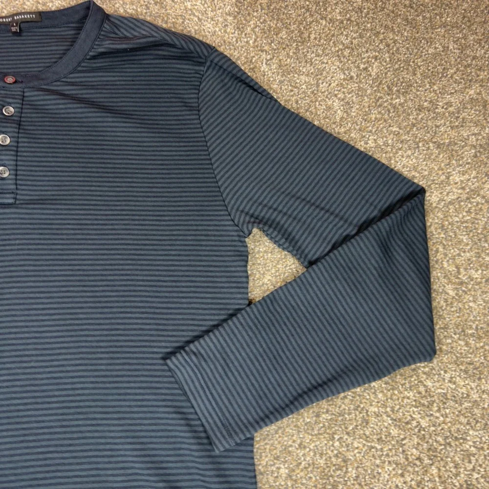 Robert Barakett Mens Long Sleeve Henley Shirt Striped Blue Grey Cotton Modal L